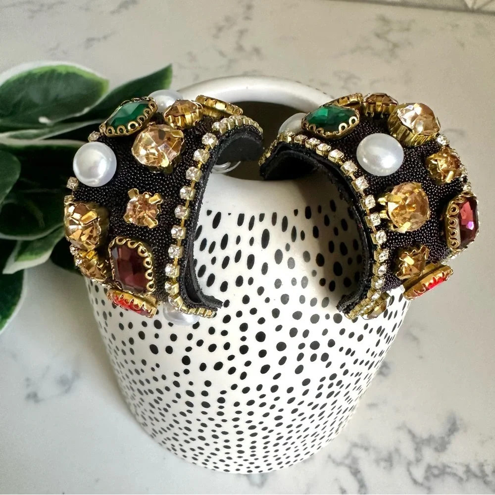 2/$30🌵 Bejeweled Thick Black Hoop Earrings Rhinestone Faux Pearl Royalty NEW